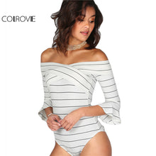 COLROVIE Off Shoulder Pinstripe Bodysuit Cross Wrap Front White Women Sexy Bodysuits 2017 Elegant Casual 3/4 Sleeve Bodysuit