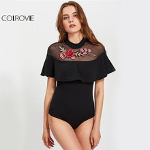 COLROVIE Floral Sheer Neck Bodysuit Black Sexy Mesh Embroidery Women Flounce Bodysuits 2017 Summer Skinny Basic Patch Bodysuit