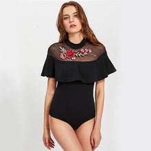 COLROVIE Floral Sheer Neck Bodysuit Black Sexy Mesh Embroidery Women Flounce Bodysuits 2017 Summer Skinny Basic Patch Bodysuit