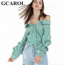 GCAROL Off The Shoulder Striped Women Blouse Slash Neck Sexy Spring Autumn Shirt Puff Sleeve Character Tops
