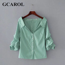 GCAROL Off The Shoulder Striped Women Blouse Slash Neck Sexy Spring Autumn Shirt Puff Sleeve Character Tops
