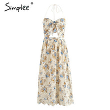 Simplee Vintage print beach summer dress women Bow backless halter long dress Chiffon flower lace up dress vestidos sundress