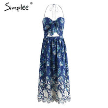 Simplee Vintage print beach summer dress women Bow backless halter long dress Chiffon flower lace up dress vestidos sundress