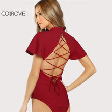COLROVIE Lace Up Open Back Boho Bodysuit Women Sexy Flutter Sleeve Basic Club Party Bodysuits 2017 O Neck Short Sleeve Bodysuit