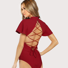 COLROVIE Lace Up Open Back Boho Bodysuit Women Sexy Flutter Sleeve Basic Club Party Bodysuits 2017 O Neck Short Sleeve Bodysuit