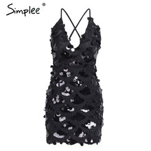Simplee Sexy strap black sequin mini dress women V neck back zipper party dresses female 2017 Christmas backless short dress