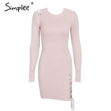 Simplee Lace up skinny knitted sweater dress women Elegant split pull knit winter dress 2017 autumn jumper vintage pullover