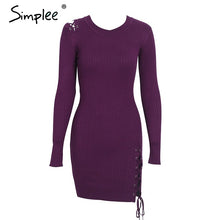 Simplee Lace up skinny knitted sweater dress women Elegant split pull knit winter dress 2017 autumn jumper vintage pullover