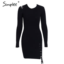 Simplee Lace up skinny knitted sweater dress women Elegant split pull knit winter dress 2017 autumn jumper vintage pullover