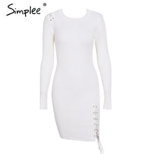 Simplee Lace up skinny knitted sweater dress women Elegant split pull knit winter dress 2017 autumn jumper vintage pullover