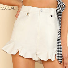 COLROVIE White Pocket Front Ruffle Hem Shorts Women High Waist Zipper Fly Button Plain Bottom 2018 Casual Cotton Shorts