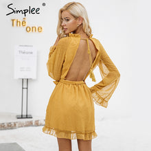 Simplee Lace up backless mesh dress women Elegant stringy selvedge sash mini dress Fashion long flare sleeve dresses vestidos