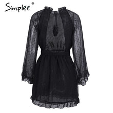 Simplee Lace up backless mesh dress women Elegant stringy selvedge sash mini dress Fashion long flare sleeve dresses vestidos