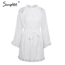 Simplee Lace up backless mesh dress women Elegant stringy selvedge sash mini dress Fashion long flare sleeve dresses vestidos