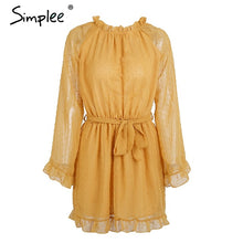 Simplee Lace up backless mesh dress women Elegant stringy selvedge sash mini dress Fashion long flare sleeve dresses vestidos