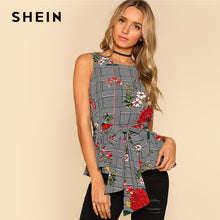 SHEIN Self Belted Floral And Plaid Shell Top Women Fashion Round Neck Sleeveless Casual Blouse 2018 Summer Vacation Blouse