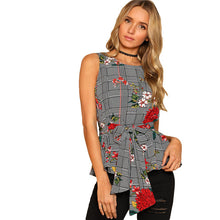SHEIN Self Belted Floral And Plaid Shell Top Women Fashion Round Neck Sleeveless Casual Blouse 2018 Summer Vacation Blouse