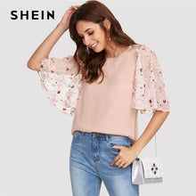 SHEIN Pink Flower Applique Mesh Sleeve Top Women Round Neck Butterfly Sleeve Button Blouse 2018 Elegant Half Sleeve Blouse