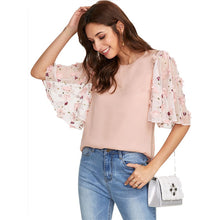 SHEIN Pink Flower Applique Mesh Sleeve Top Women Round Neck Butterfly Sleeve Button Blouse 2018 Elegant Half Sleeve Blouse