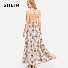 SHEIN Lace Up Racerback Calico Dress Backless A Line Halter Sexy Maxi Dress 2018 Women Summer Pink Sleeveless Floral Party Dress
