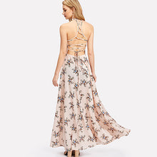 SHEIN Lace Up Racerback Calico Dress Backless A Line Halter Sexy Maxi Dress 2018 Women Summer Pink Sleeveless Floral Party Dress