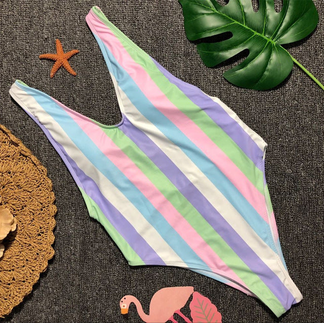 Ariel Sarah 2018 Swimwear One Piece Swimsuit Printing Bathing Suit Women Colorful Striped Piece Swimsuit Sexy Bodysuit Monokini