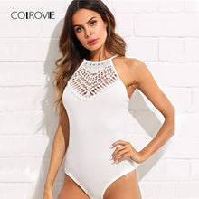 COLROVIE Hollow Out Crochet Panel Bodysuit 2018 Summer Sleeveless Elegant Women Clothes White Halter Mid Waist Skinny Bodysuit
