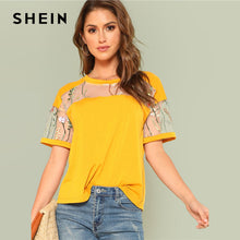 SHEIN Yellow Floral Embroidered Mesh Yoke Top Women Round Neck Short Sleeve Stretchy Top Tee 2018 Summer New Casual T-shirt