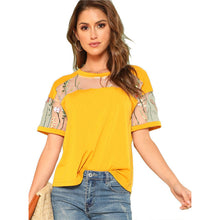 SHEIN Yellow Floral Embroidered Mesh Yoke Top Women Round Neck Short Sleeve Stretchy Top Tee 2018 Summer New Casual T-shirt
