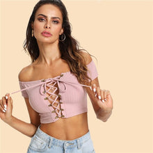 COLROVIE Grommet Lace Up Front Crop Top 2018 Summer Off the Shoulder Rock Tops & Tees Women Top Pink Short Sleeve T- Shirt