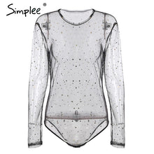 Simplee Sexy mesh star black bodysuit women Hollow out long sleeve bodysuit Soft transparent new year party bodysuits 2018