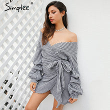 Simplee Off shoulder plaid wrap sexy dress Elegant long lantern sleeve bow belt short dress Stripe party summer dress vestidos