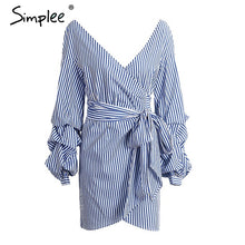 Simplee Off shoulder plaid wrap sexy dress Elegant long lantern sleeve bow belt short dress Stripe party summer dress vestidos