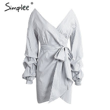 Simplee Off shoulder plaid wrap sexy dress Elegant long lantern sleeve bow belt short dress Stripe party summer dress vestidos