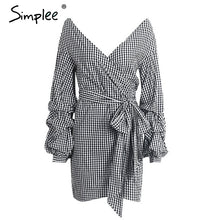 Simplee Off shoulder plaid wrap sexy dress Elegant long lantern sleeve bow belt short dress Stripe party summer dress vestidos