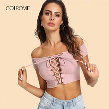 COLROVIE Grommet Lace Up Front Crop Top 2018 Summer Off the Shoulder Rock Tops & Tees Women Top Pink Short Sleeve T- Shirt
