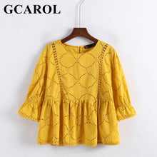 GCAROL 2018 Euro Style Women Hollow Out Crochet Lace Blouse 3/4 Sleeve Cropped Tops Fashion Cute Yellow Baby-doll Blouse