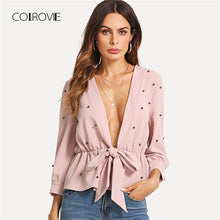 COLROVIE Pearl Beading Knot Front Ruffle Blouse Shirt 2018 New Spring Deep V Neck Plain Pink Women Top Ruffle Hem Sexy Blouse