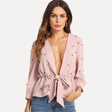 COLROVIE Pearl Beading Knot Front Ruffle Blouse Shirt 2018 New Spring Deep V Neck Plain Pink Women Top Ruffle Hem Sexy Blouse
