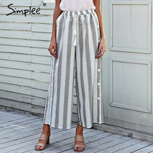Simplee Stripe split wide leg pants women Side button high waist trouser Drawstring tassel summer loose pants 2018