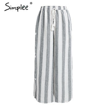 Simplee Stripe split wide leg pants women Side button high waist trouser Drawstring tassel summer loose pants 2018