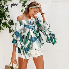 Simplee Off shoulder tropical print sexy blouse women Flare sleeve ruffle casual blouse shirt 2018 Smock top summer beach tunic