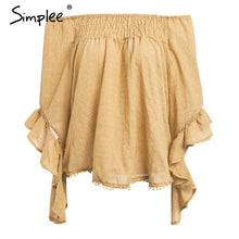 Simplee Off shoulder tropical print sexy blouse women Flare sleeve ruffle casual blouse shirt 2018 Smock top summer beach tunic