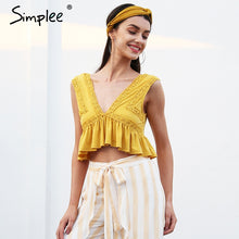 Simplee Sexy v neck chiffon camisole tank women Ruffle backless short shirt tee 2018 Summer casual streetwear lace crop top