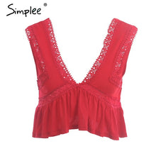 Simplee Sexy v neck chiffon camisole tank women Ruffle backless short shirt tee 2018 Summer casual streetwear lace crop top