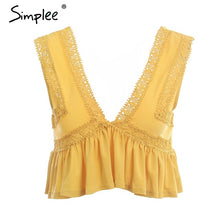Simplee Sexy v neck chiffon camisole tank women Ruffle backless short shirt tee 2018 Summer casual streetwear lace crop top