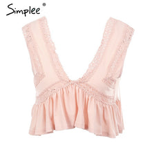Simplee Sexy v neck chiffon camisole tank women Ruffle backless short shirt tee 2018 Summer casual streetwear lace crop top