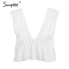 Simplee Sexy v neck chiffon camisole tank women Ruffle backless short shirt tee 2018 Summer casual streetwear lace crop top