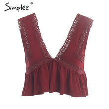 Simplee Sexy v neck chiffon camisole tank women Ruffle backless short shirt tee 2018 Summer casual streetwear lace crop top