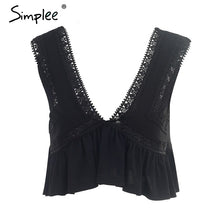 Simplee Sexy v neck chiffon camisole tank women Ruffle backless short shirt tee 2018 Summer casual streetwear lace crop top